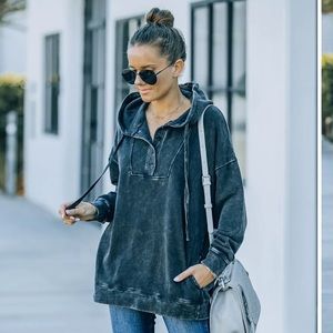 COTTON BLEND POCKETED HENLEY HOODIE - FADED BLACK🖤🖤